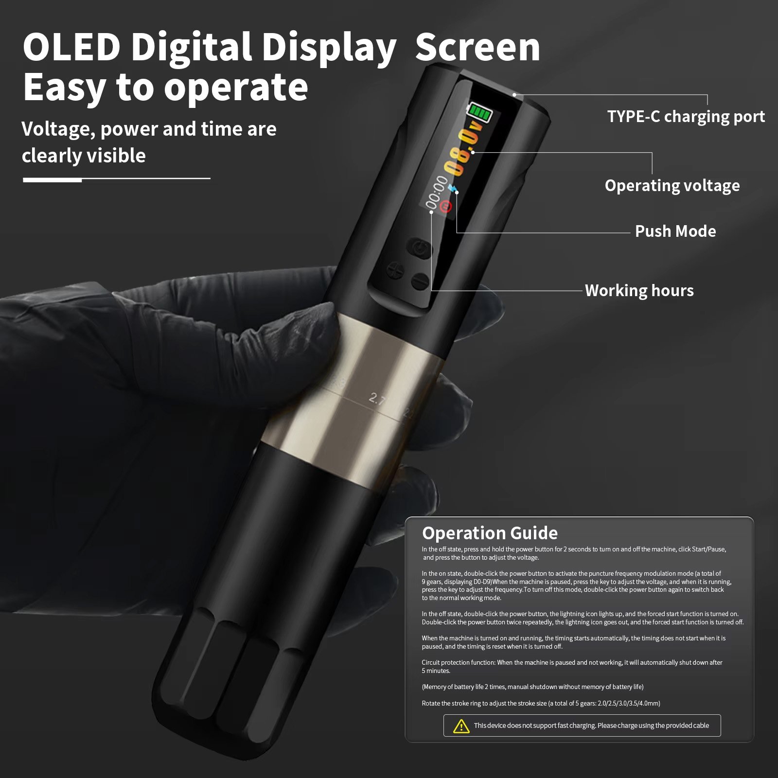 Maquina Tattoo Pen Inalambrica Stroke Ajustable Ez Pro Negro - Imagen 5