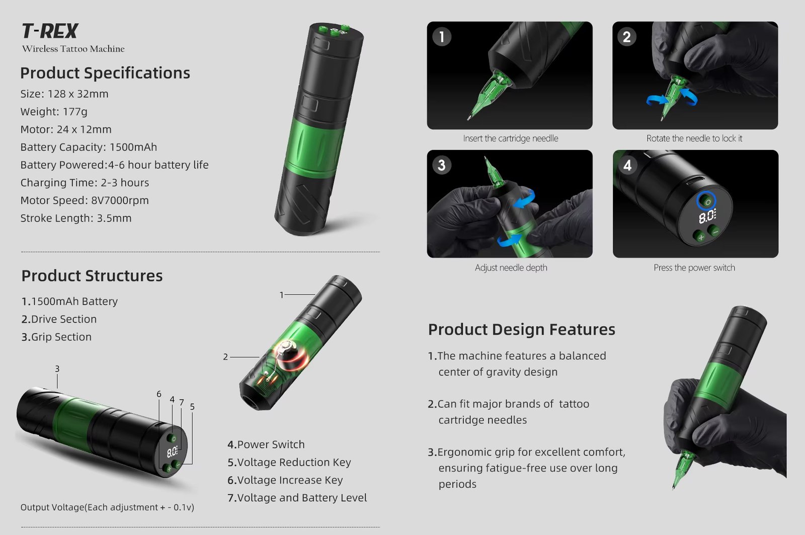 Maquina Rotativa Pen Tattoo Inalambrica Trex Kit De Tatuaje Negro - Imagen 2