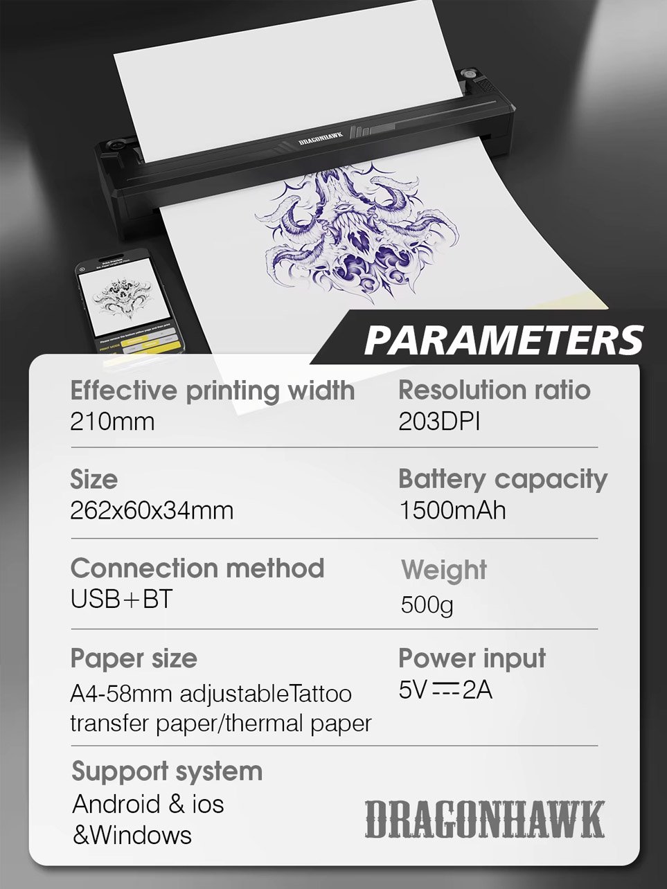 Impresora Térmica Dragonhawk T6 Para Plantillas De Tatuajes - Imagen 4